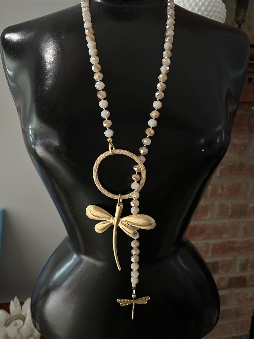 Dragonfly NWOT long goldtone necklace w/ AB acrylic beads. 2 dragonflies, circle